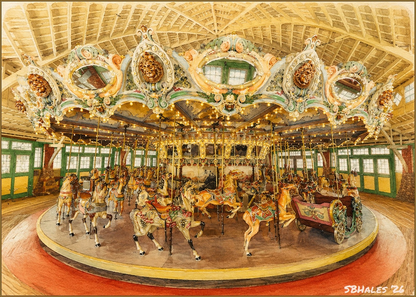 Watercolor painting of the Dentzel Carousel at Glen Echo Park, showing its ornate menagerie of hand-carved animals, elaborate illuminated canopy, mirrors, Wurlitzer band organ, and historic carousel building.
