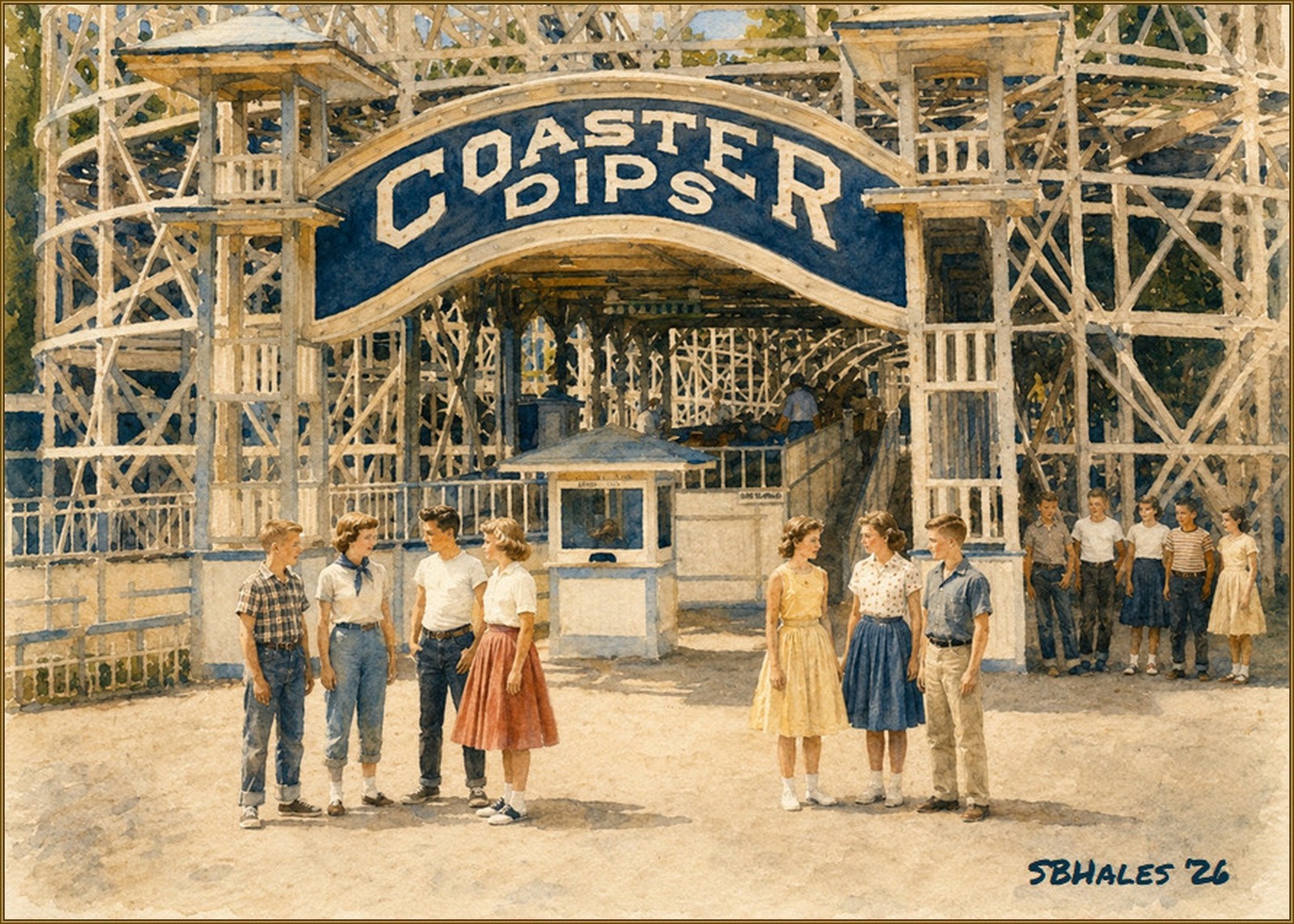 Watercolor painting of Glen Echo Park's Coaster Dips wooden roller coaster, showing its towering white timber framework, entrance arch, period ticket booth, and visitors at the amusement park.