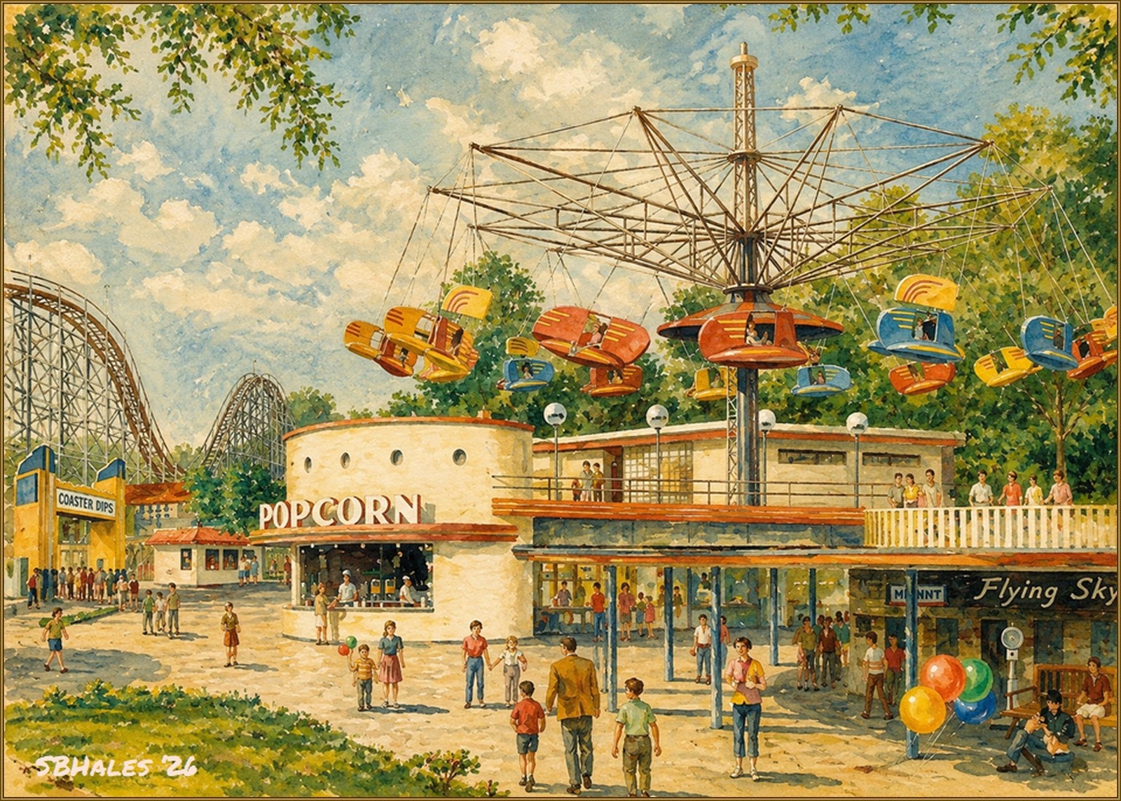 Watercolor painting of the Flying Skooter at Glen Echo Park, showing the stylized airplane-like cars suspended above the amusement park midway, with the Coaster Dips in the background and visitors below.