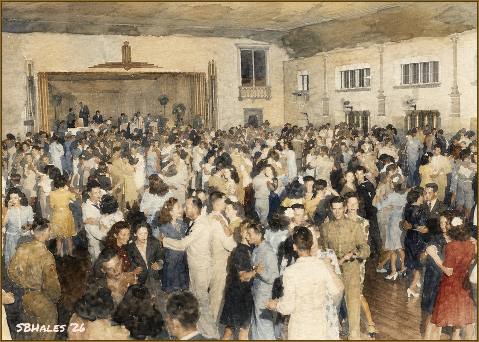 Watercolor painting of the Spanish Ballroom at Glen Echo Park in 1940, showing couples and groups dancing beneath the ballroom roof during the park's 1940s dance-hall era.