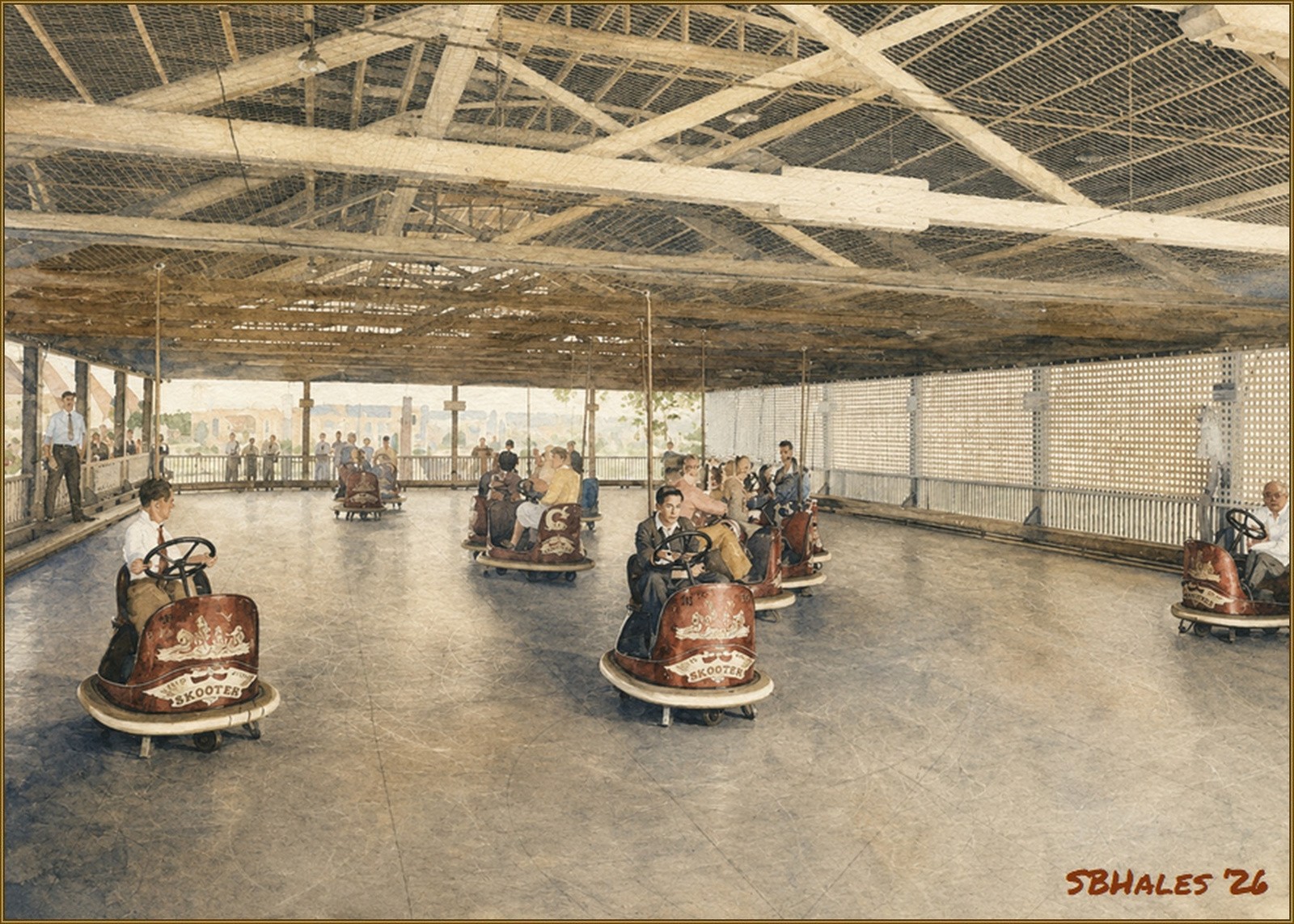 Watercolor painting of Glen Echo Park's Skooter bumper-car pavilion in 1925, showing riders operating the electrically powered two-passenger cars on the steel floor.