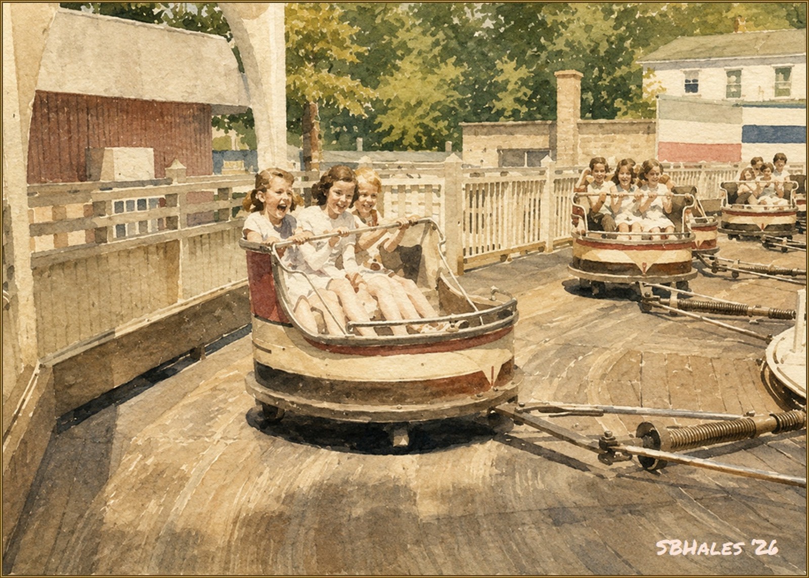 Watercolor painting of Glen Echo Park's Whip ride, showing riders in small two-passenger cars rounding the centrifugal tracked ride's curves.
