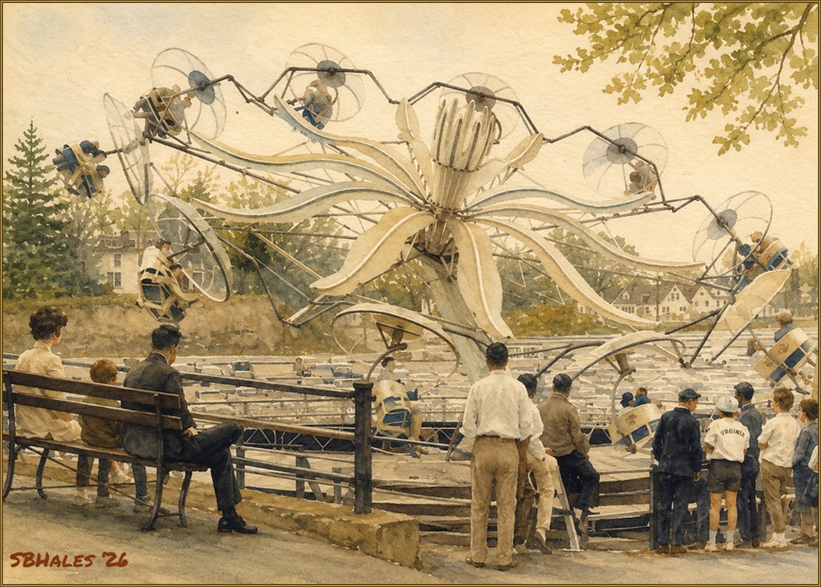 Watercolor painting of Glen Echo Park's Paratrooper ride, showing suspended cars rotating above the midway as the ride rises on its hydraulic lift.