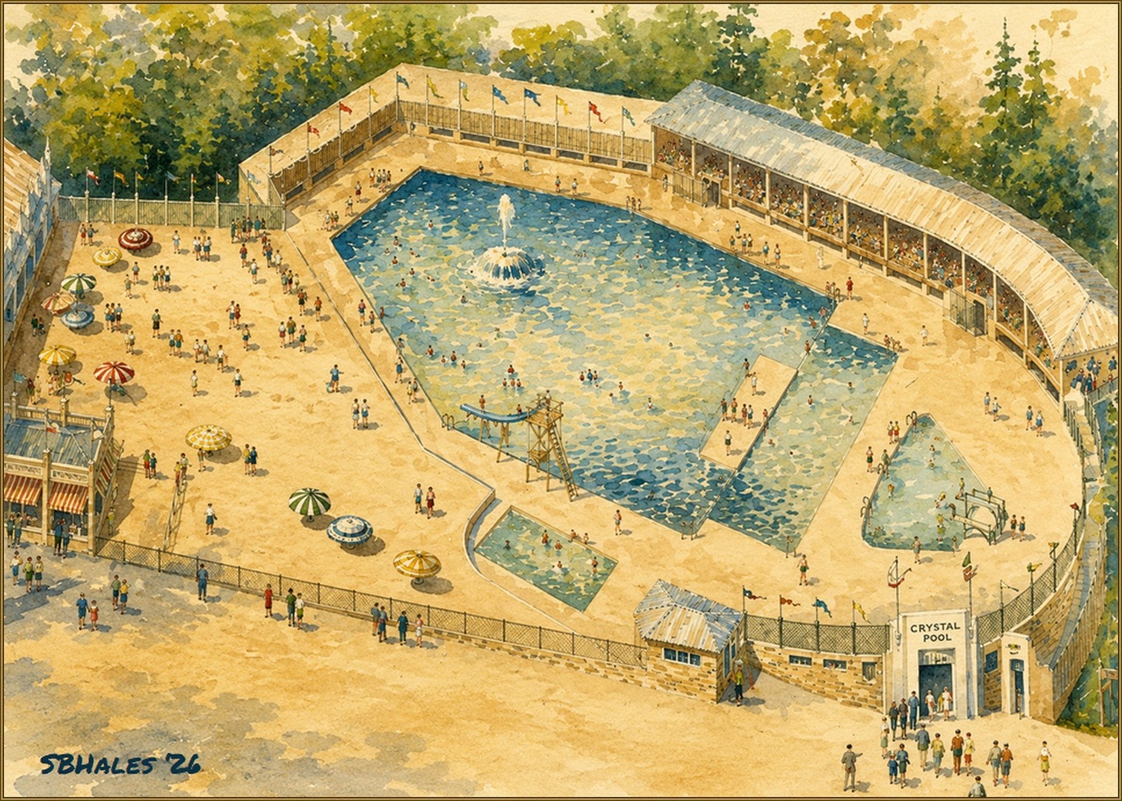 Watercolor painting of the Crystal Pool at Glen Echo in 1958, showing the large swimming pool, sandy beach, fountain, covered spectator seating, diving areas, and visitors enjoying a summer afternoon.