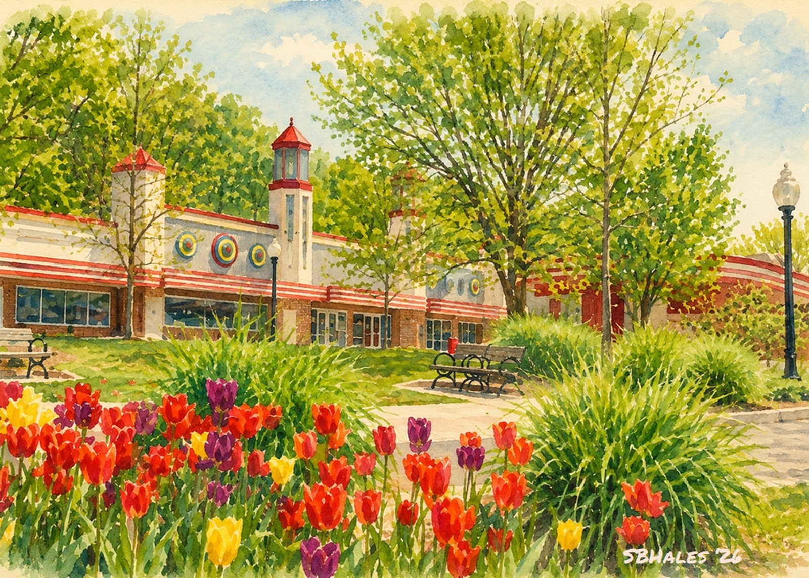 Watercolor painting of Glen Echo Park today, showing the historic park building, landscaped grounds, mature trees, benches, pathways, and colorful summer flowers.