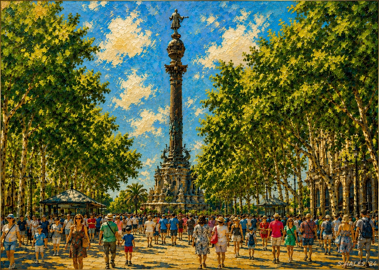 La Rambla, Barcelona, with the Columbus Monument and tree-lined promenade
