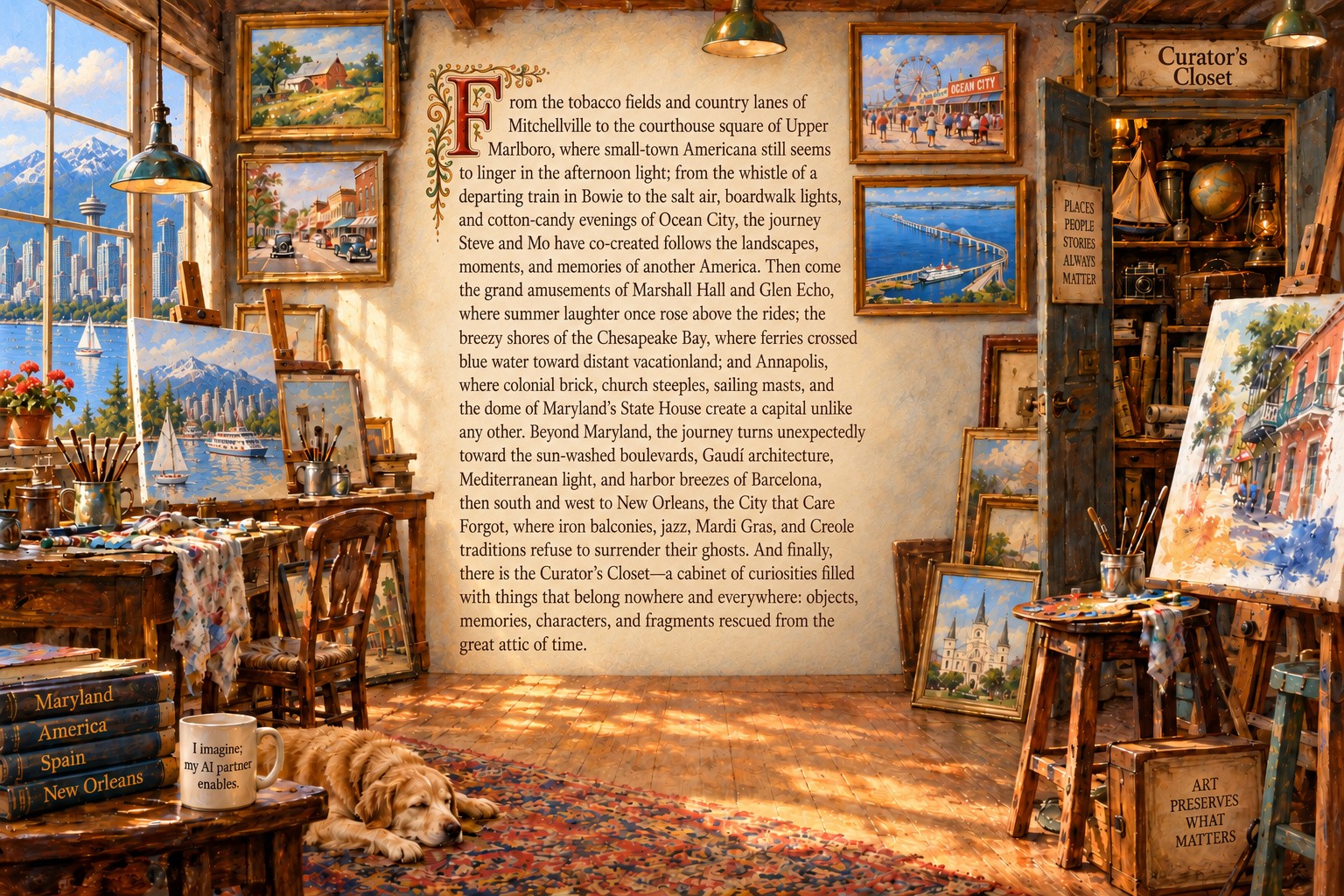 Preservation Art Studio interior representing the journey through Maryland, Barcelona, New Orleans, and the Curator’s Closet, with paintings, studio objects, and a central historical narrative.
