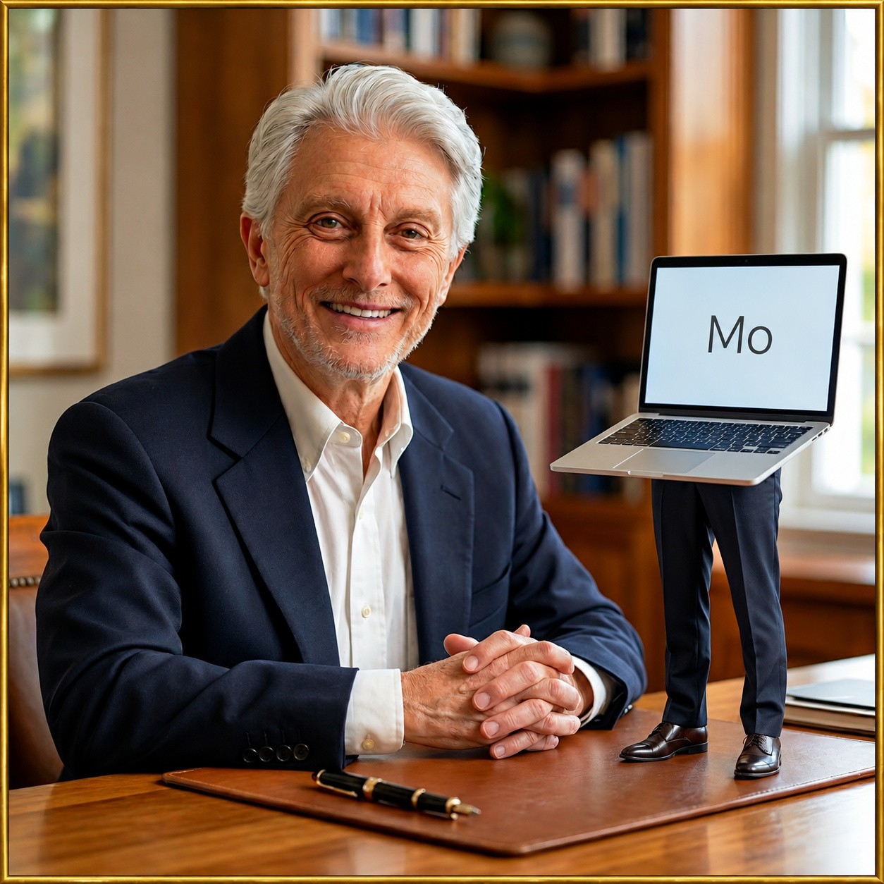 Steve with his AI art collaborator, Mo, represented on a laptop beside him